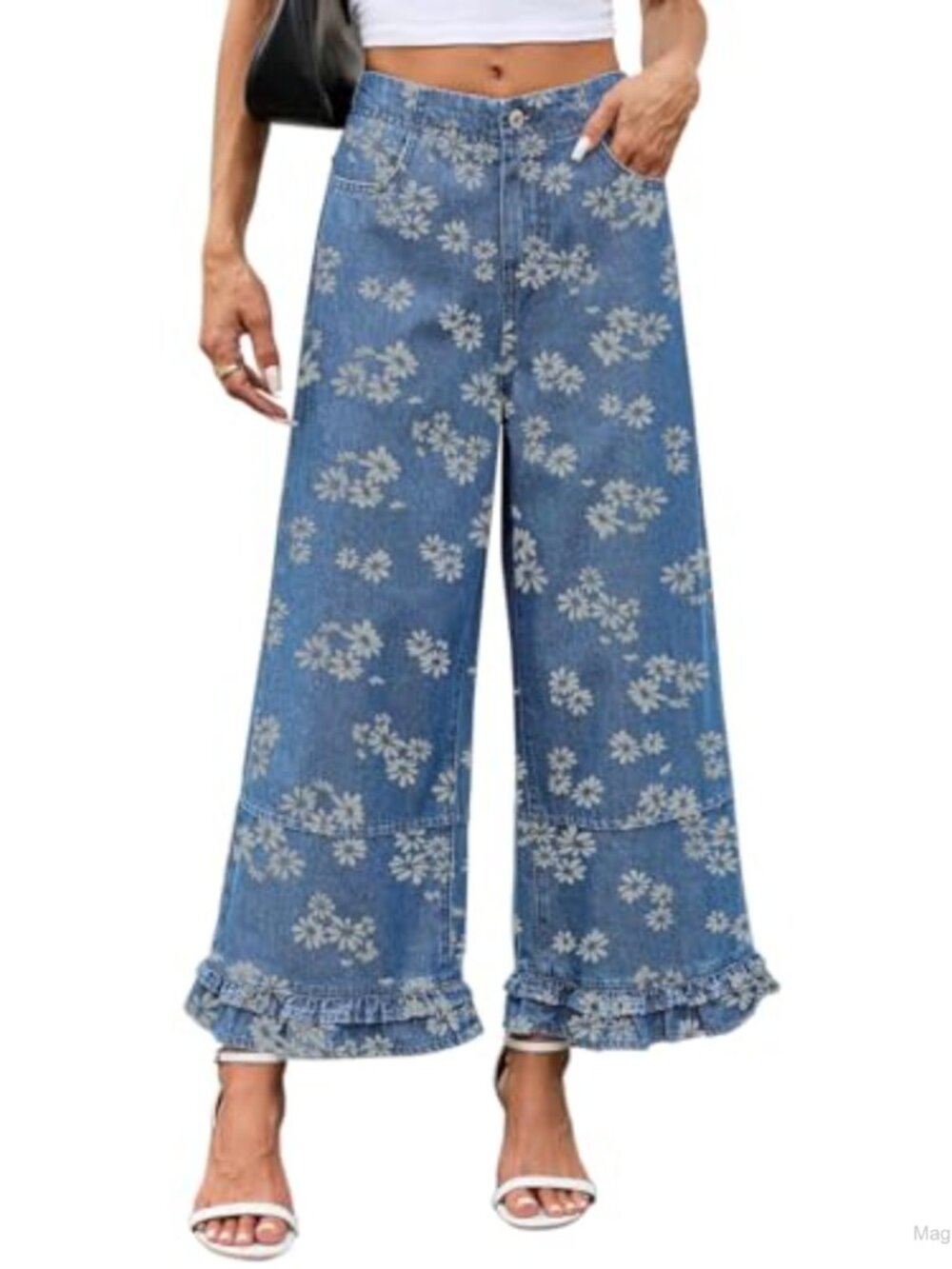 Y2k Crop Ruffle Hem Wide Leg Floral Patchwork Ankle Denim Pants with Pockets